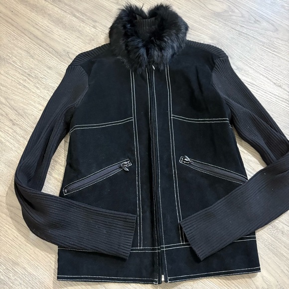 Escapade Suede Zip Jacket Sweater Contrast Stitch Rabbit Fur Collar Black Sz S - Picture 7 of 11